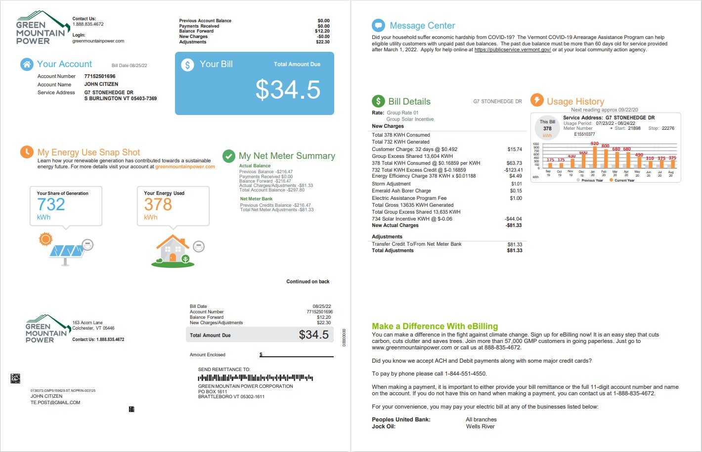 USA Vermont Green Mountain Power utility bill, Word and PDF template, 2 pages